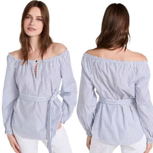 Rag & Bone NEW Sierra Off-Shoulder Striped Top Large NWOT Blue White Bohochic - Picture 1 of 8